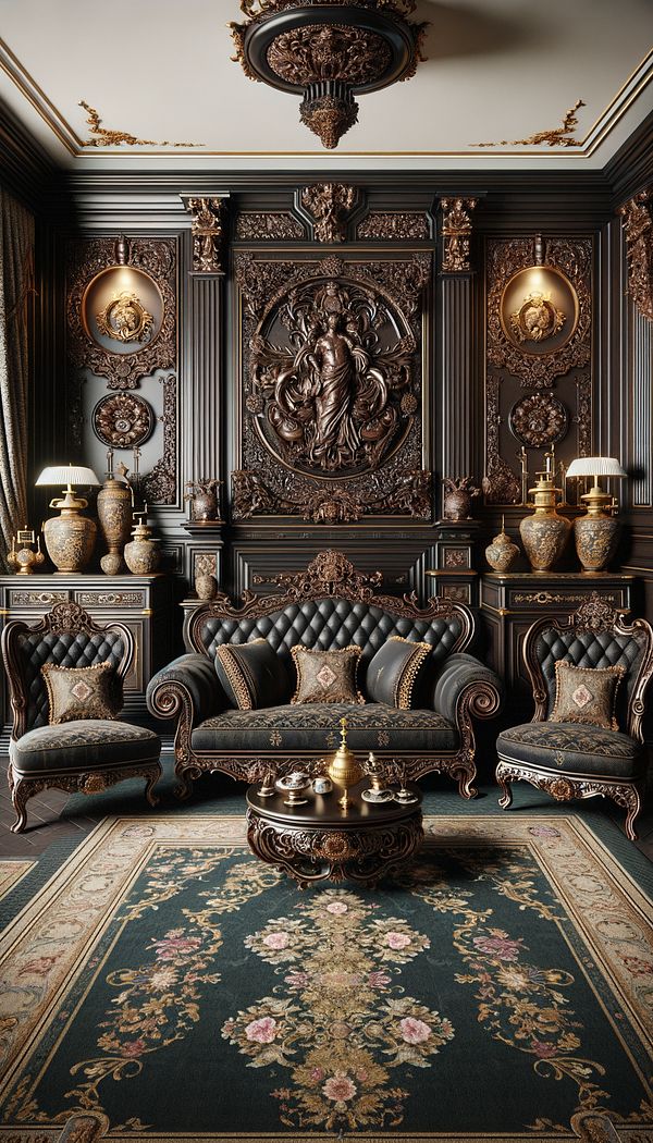 A room featuring dark wood furniture with intricate carvings, upholstered in luxurious brocade fabric, with gold metal accents and symmetrically arranged decorative objects.