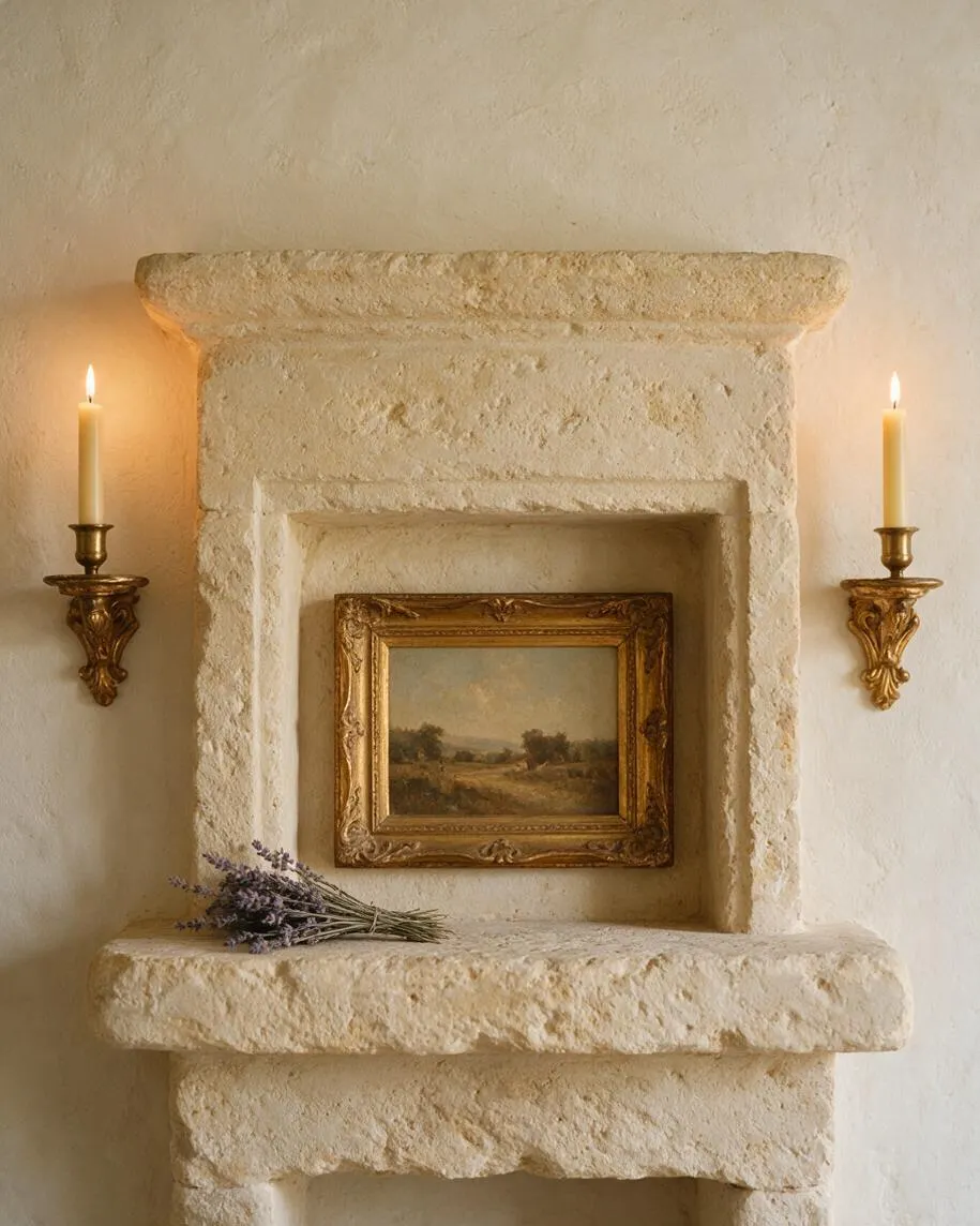 A rustic limestone fireplace niche is styled with a small gilded landscape painting centered inside the opening. Brass wall sconces with lit taper candles flank the fireplace, and a small bundle of lavender rests on the stone ledge, creating a warm French Country vignette.