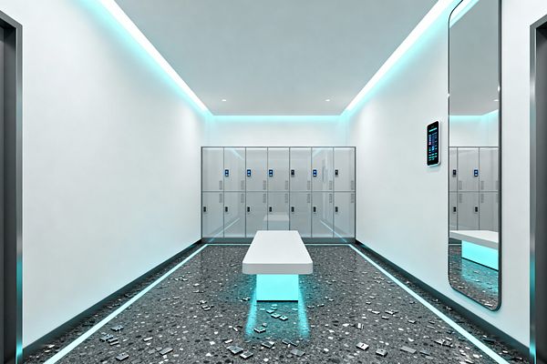 A long, minimalist mudroom with bright white walls is illuminated by cyan LED strips at the ceiling and along the floor edges. A central white floating bench glows underneath on a dark terrazzo floor with scattered reflective metal pieces; at the far wall, frosted glass lockers with blue-screen keypad locks sit beside a rounded-corner full-length mirror and a wall-mounted touchscreen, creating a clean, high-tech atmosphere.