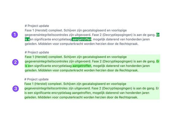 The image displays a project update with three sections highlighting the completion of phases and encryption details.