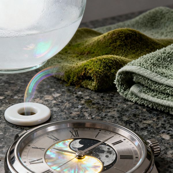Close-up of a speckled granite laundry counter with a folded sage towel beside a moss-draped cloth, a stainless-steel watch with a moon-phase dial, and a glass bowl of suds hovering above a small white ceramic ring. A tiny rainbow arcs from the ring to the bowl, while soft, diffuse light emphasizes the velvety greens, reflective metal, and iridescent highlights.