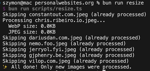 A terminal window displaying the output of a script processing image files.
