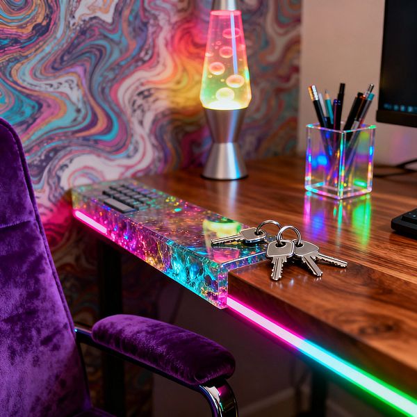 Close-up of a home office with a richly grained walnut desk edged in RGB LED light, a glowing multicolor lava lamp, and an iridescent acrylic pen holder beside a monitor. A holographic epoxy-resin keyboard shelf reflects neon hues, while a plush purple velvet chair, silver keys, and swirling rainbow marbled wallpaper complete the vivid psychedelic scene with reflective surfaces and saturated color.