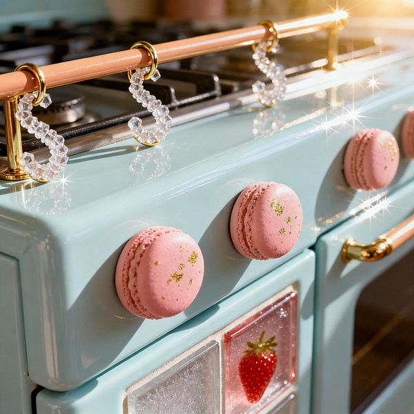 A close-up of a pastel mint retro gas range with black cast-iron grates. The oven features blush pink macaron-shaped control knobs dusted with gold flecks and a polished brass handle. Above the cooktop, a peach rail holds faceted crystal S-hooks in gold rings. The oven door includes glittery resin tiles, one with a strawberry motif. Sunlight creates sparkling highlights, emphasizing glossy enamel, candy colors, and playful, confection-inspired details.