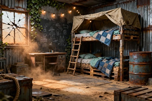 A children’s room styled like a survival bunker features corrugated metal walls, pallet bunk beds with a rope ladder and canvas canopy, blue patchwork quilts, and mint bedding. A cracked window, chalkboard wall with kid drawings, rusted barrels, a worn wood-and-metal desk with a task lamp, string bulbs, creeping ivy, and dusty sunlight over a frayed rug create a gritty yet cozy atmosphere.