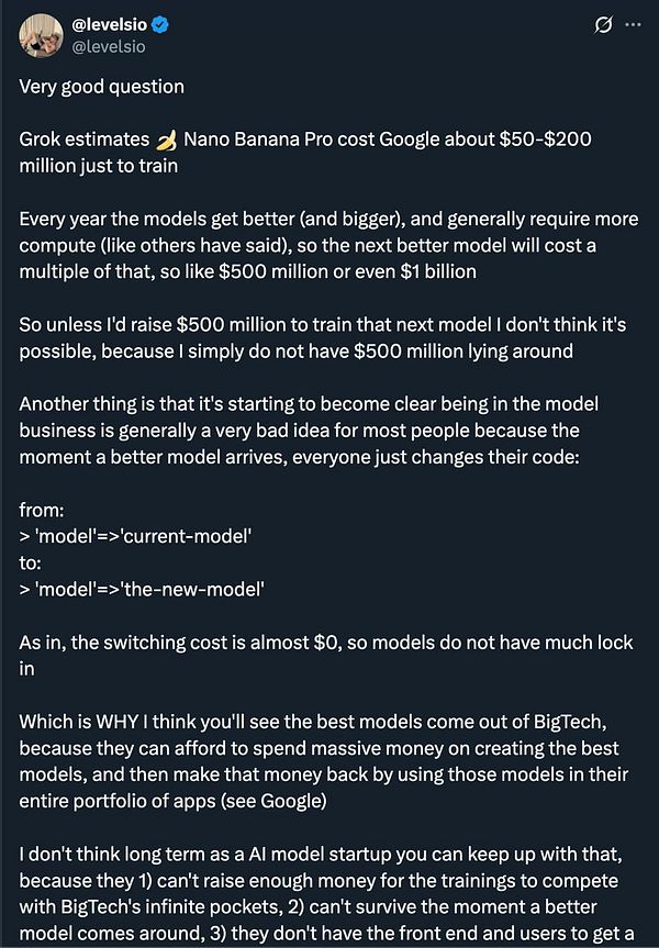 A Twitter post discussing the high costs and challenges of training AI models.