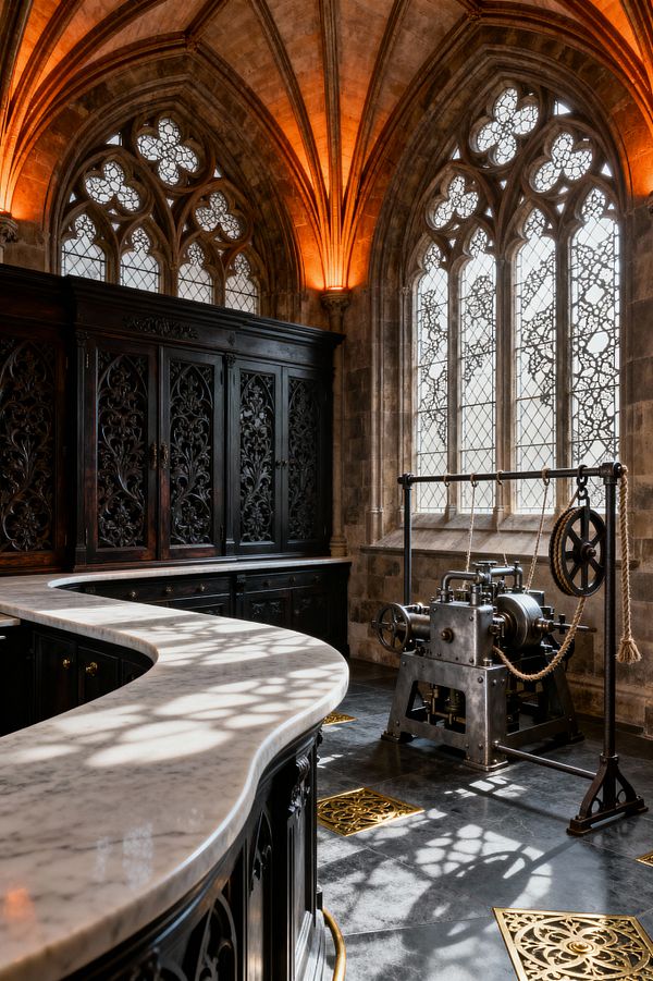 A dramatic Gothic laundry room features ribbed vaulted stone ceilings with warm amber uplighting and tall lancet windows with diamond leaded glass and delicate tracery. Shadows from the windows fall across a curved white marble countertop and dark stone floor with brass grilles. To the left, black carved wood cabinetry provides storage, while a vintage steel mangle with ropes and gears stands to the right beneath a hanging rail, highlighting the space’s industrial function.