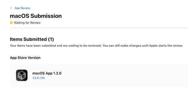 The image displays a macOS App Store submission interface indicating a waiting review status.