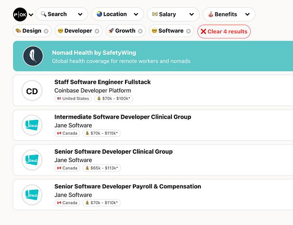 The image displays a job listing interface with various software development positions and filters for job search criteria.