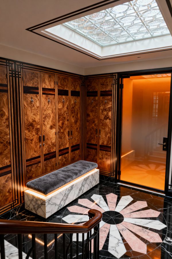 An Art Deco mudroom with L-shaped lockers in honey burl wood features dark geometric inlays and chrome hooks. A white marble bench with a gray plush cushion is underlit by warm LEDs. The glossy black marble floor has a pink-and-white sunburst medallion. A frosted amber glass door with a black frame glows, while a ceiling skylight of patterned glass blocks brings in natural light.