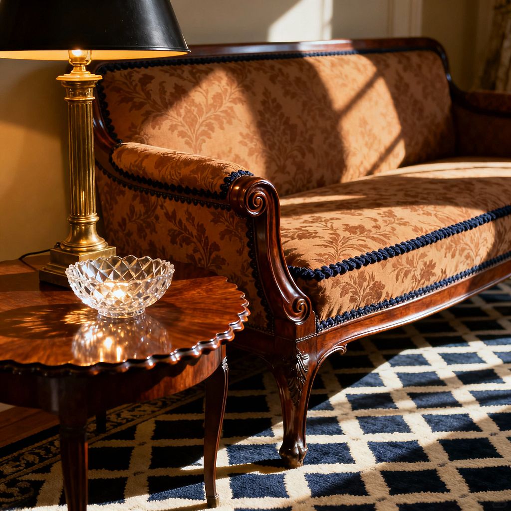 Close-up of a traditional living room shows a carved mahogany sofa upholstered in warm caramel damask with navy rope trim and scrolled arms. Beside it, a scalloped round mahogany side table holds a cut crystal bowl and a brass column lamp with a black shade, all set on a navy and ivory lattice-pattern rug, with afternoon sunlight casting soft shadows across the glossy wood and patterned fabric.