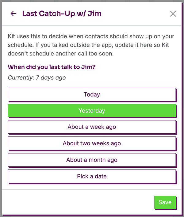 Screenshot of the Kit scheduling interface showing calendar dates and availability for booking K.I.T. Calls.