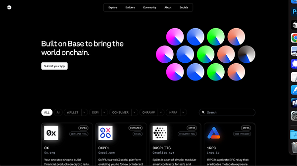 The image displays a dark-themed webpage showcasing various applications built on the Base ecosystem.