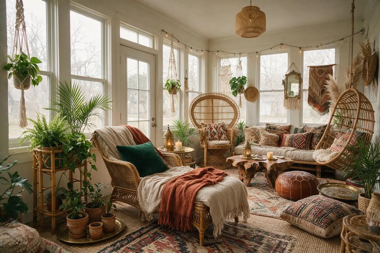 A bright front porch styled in bohemian decor, filled with large windows, rattan furniture, layered patterned rugs, hanging plants, and macramé wall art. The space includes warm neutral cushions, woven textures, a leather pouf, and lanterns, creating a cozy, sunlit retreat.