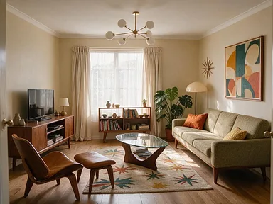 A living room restyled as mid-century modern