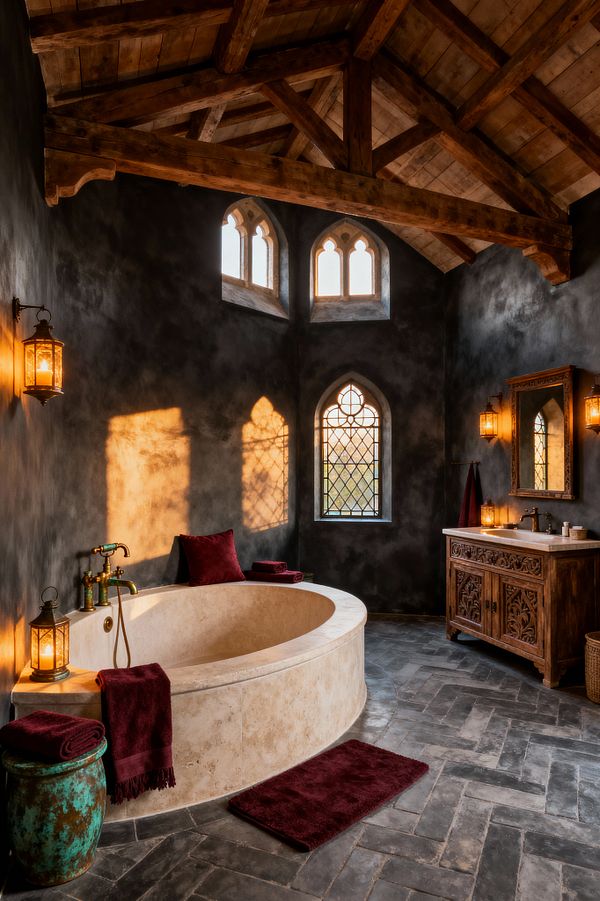 Atmospheric Gothic-style bathroom featuring an oval limestone soaking tub set into a stone surround, dark charcoal plaster walls, and pointed-arch leaded windows casting warm sunset light. Exposed timber trusses span the ceiling. A carved wood vanity with a stone countertop and brass faucet sits to the right, flanked by lantern-style wall sconces. The floor is slate in a herringbone pattern, with burgundy towels and a matching bath mat adding color.