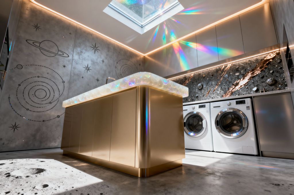 A futuristic laundry room features a satin gold island with a rounded opalescent resin countertop beneath a skylight that casts rainbow prisms. A textured charcoal backsplash with copper-like veining runs behind two white front-loading machines and a stainless cabinet, while metallic upper cupboards and warm LED strip lighting line the ceiling. Concrete walls are etched with planetary orbits and stars, and the polished concrete floor displays a lunar crater graphic.