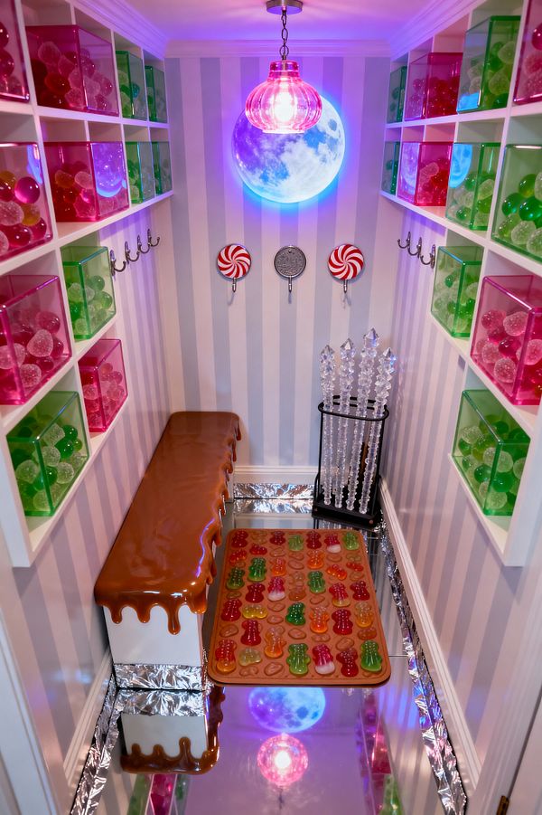 A narrow mudroom features white cubby shelving filled with translucent pink and lime acrylic bins holding candy-like spheres. Gray-and-white vertical stripes wrap the walls with rows of metal hooks and three oversized candy hooks shaped like two peppermints and a cookie. A glossy caramel-look bench runs along the left, while a black stand holds tall crystal, rock-candy–style rods on the right. A mirrored floor with foil kickplates reflects a gummy-bear doormat, a pink ribbed pendant, and a glowing moon wall light.