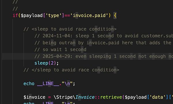 The image displays a code snippet related to handling Stripe webhook events.
