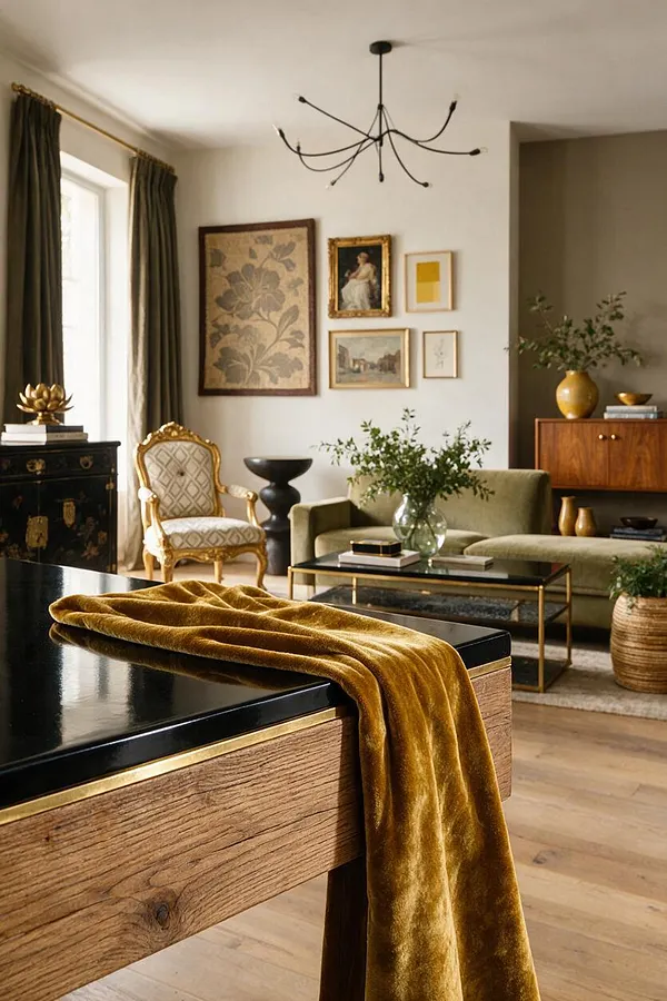 An eclectic living room with a black-and-wood coffee table in the foreground draped with a mustard velvet throw. The room includes an olive-green sofa, a gilded upholstered chair, layered framed artwork, dark curtains, a sculptural black chandelier, and warm wood furniture accents.