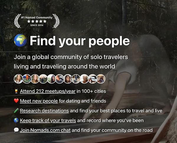Collage image illustrating remote working, digital nomadism, and solo traveling with the hero text 'Find your people.'