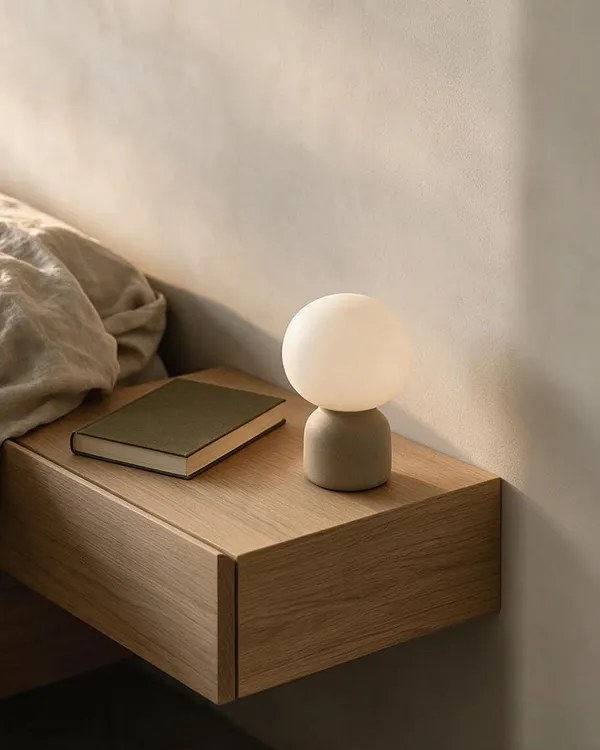 A modern bedroom vignette shows a floating oak bedside shelf against a smooth beige wall. A small round globe lamp with a matte base glows softly beside a closed dark green book, with a rumpled neutral linen duvet visible at the edge of the frame.