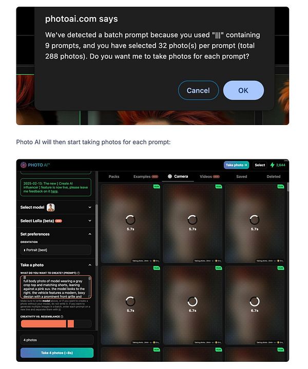 The image displays a user interface for a photo-taking application with a notification about batch photo prompts.
