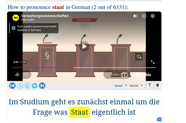 A Danish lesson page displaying a German vocabulary exercise with audio and examples.