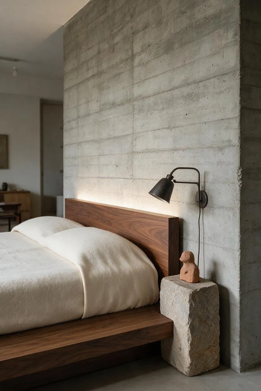 A studio apartment bedroom corner features a low walnut platform bed with creamy white bedding against a raw concrete block wall. A black metal wall sconce and a small terracotta sculpture on a rough stone pedestal add sculptural contrast.