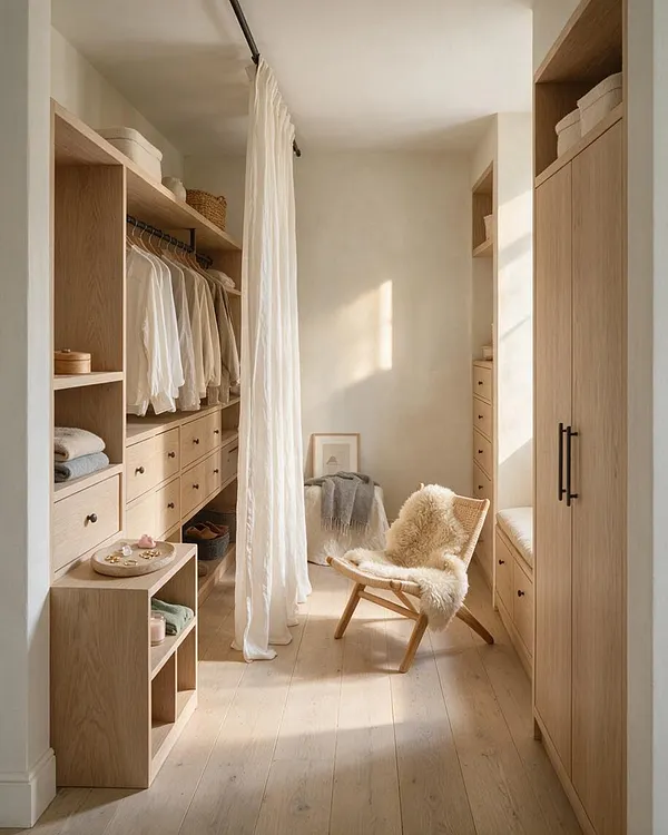 A narrow Scandinavian-style closet with light oak built-in cabinetry on both sides, open shelving, drawers, and hanging clothes. A sheer curtain divides the space, and a small lounge chair with a sheepskin throw sits in soft natural light on pale wood floors.