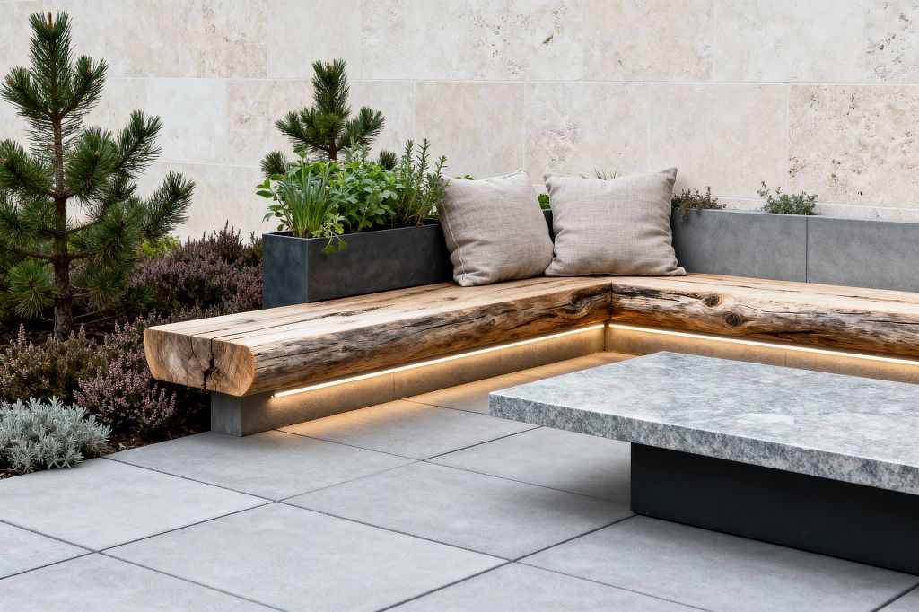 A minimalist patio features an L-shaped bench made from thick, raw-edge timber set on concrete, with a warm LED strip concealed beneath. Large gray pavers lead to a low rectangular coffee table with a light stone top on a dark base. Behind the seat, slim charcoal planters hold small conifers, herbs, and soft shrubs, backed by a pale limestone-tiled wall. Two taupe linen cushions rest on the bench, adding comfort to the clean, Scandinavian setting.