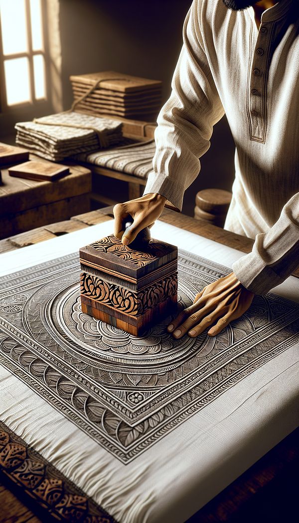 an artisan carefully pressing a beautifully carved wooden block onto a spread of fabric, transferring an intricate pattern onto it