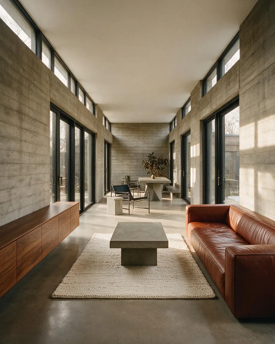 A long Brutalist-style sunroom with raw concrete walls, large dark-framed glass doors, and narrow clerestory windows on both sides. The room includes a caramel leather sofa, a low concrete coffee table on a cream rug, a walnut sideboard, and a minimalist dining area at the far end.