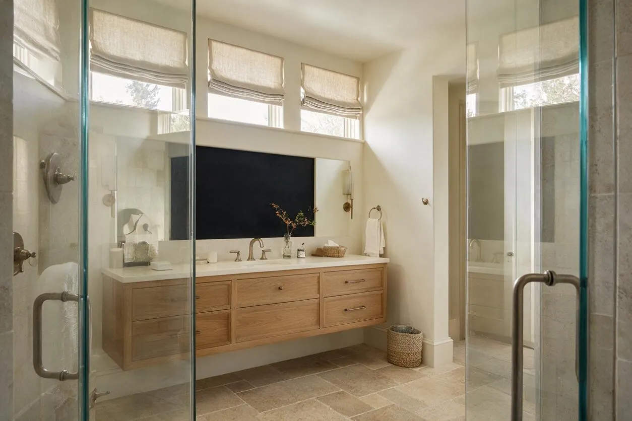 A bright transitional master bathroom with a floating light oak double vanity, a large rectangular mirror, and soft neutral walls. Glass shower doors frame the view, while three high windows with Roman shades bring in natural light over the stone tile floor.