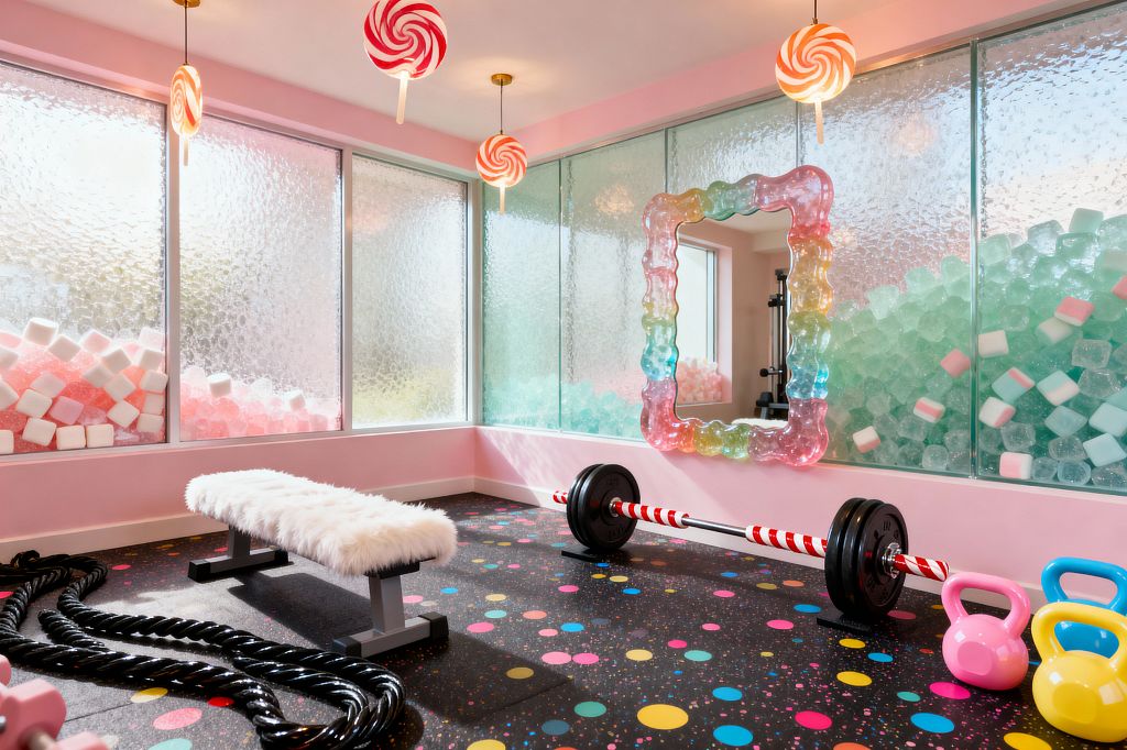 A whimsical home gym with pastel pink walls features frosted glass windows backed by piles of mint and blush foam cubes and marshmallow-like blocks. Lollipop pendant lights, a confetti-speckled black rubber floor, a white faux-fur bench, a candy-cane striped barbell with cast-iron plates, bright kettlebells in yellow, pink, and blue, thick battle ropes, and an iridescent wavy-framed mirror create a candy-inspired workout setting lit by soft daylight.
