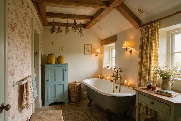 A cozy cottagecore master bathroom with exposed wooden ceiling beams, a freestanding clawfoot tub, soft floral wallpaper, and cream walls. Pale blue painted cabinets, wicker storage, gingham curtains, candles, and dried herbs create a warm, nostalgic farmhouse feel.
