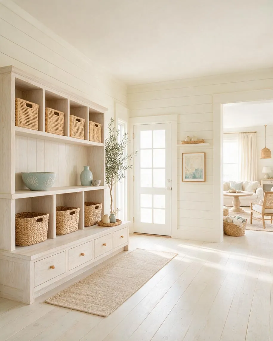 A bright coastal entryway with a built-in pale wood storage unit filled with woven baskets and decorative ceramics. White shiplap walls, a glass-paneled door, and a natural fiber rug create a calm, airy look that opens into a softly furnished living room.