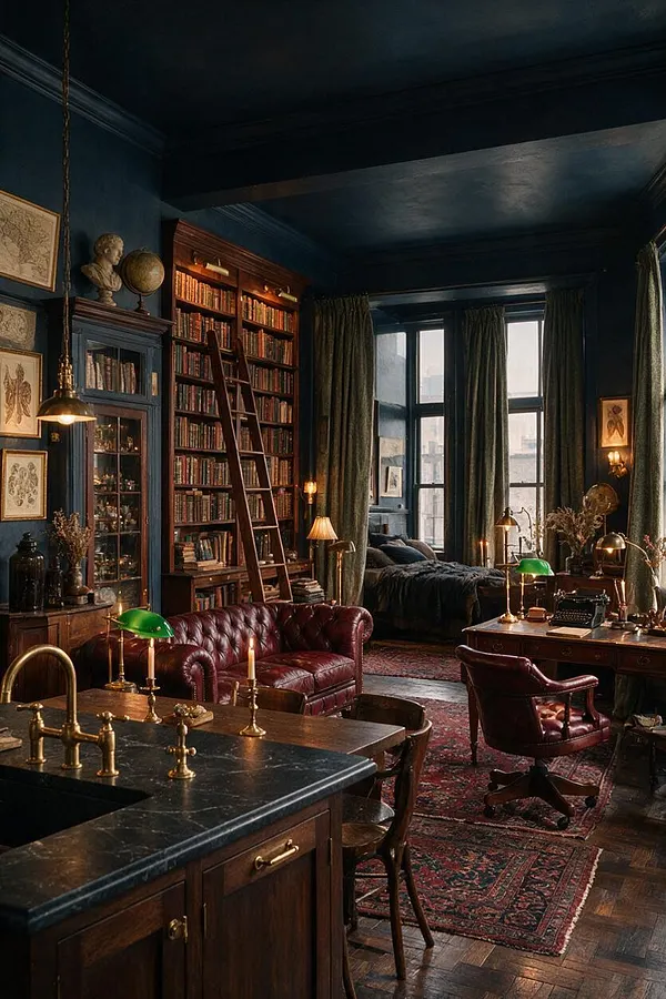 A dark academia studio apartment with deep blue walls and ceiling, tall windows draped in heavy olive curtains, and a wall of bookshelves reached by a wooden ladder. The room features a burgundy leather Chesterfield sofa, vintage desks, brass lamps, framed prints, patterned rugs, and a dark marble kitchen island with a brass faucet.