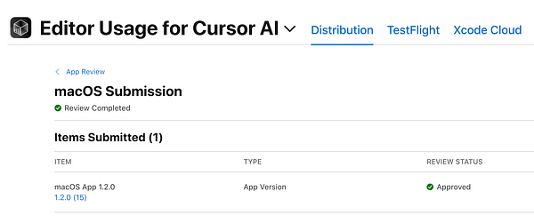 The image displays the macOS submission status for the app 'Editor Usage for Cursor AI'.