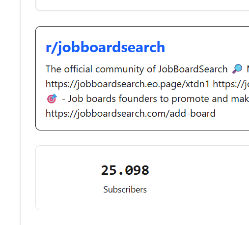 Screenshot of a Reddit-like interface with a user profile displaying 24,874 karma and multiple subreddit posts related to job boards and community discussions.