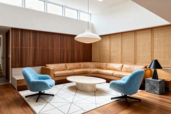 A bright Mid-Century living room features a cognac leather L-shaped sectional set against a walnut vertical slat wall and framed cane paneling. Two sky-blue boucle swivel chairs face a round travertine coffee table on a white rug with black geometric lines. A large white saucer pendant hangs overhead, clerestory windows provide daylight, and details include warm hardwood floors plus a black cone table lamp on a gray stone cube side table.