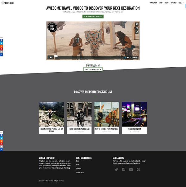 The image is a webpage showcasing travel videos and packing lists for travelers.