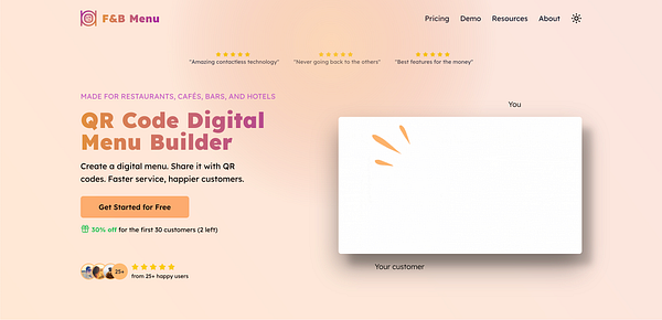 The image displays a promotional webpage for a QR Code Digital Menu Builder designed for restaurants and cafes.