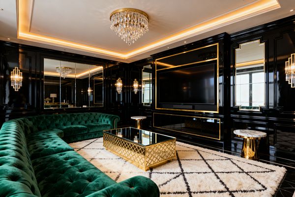 A glamorous media room with glossy black lacquer wall paneling trimmed in gold, mirrored panels, and a large built-in flat screen. A deep emerald tufted velvet sectional wraps around a gold lattice coffee table with a black-glass top, flanked by marble-topped gold pedestal side tables. A crystal chandelier and warm cove lighting illuminate an ivory shag rug with a black diamond pattern, creating a luxe, reflective atmosphere.