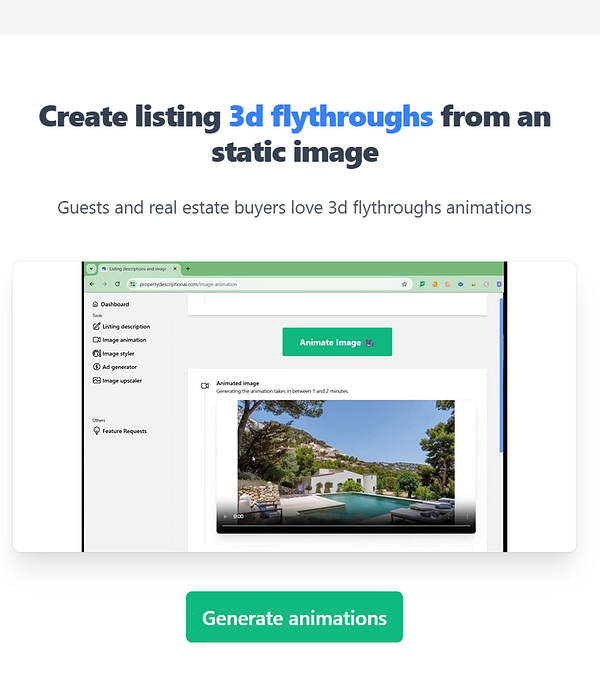 The image displays a user interface for creating 3D flythrough animations from static images.