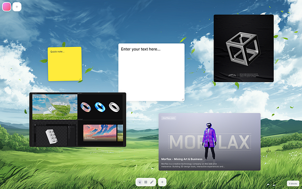 The image features a digital workspace with various interactive elements set against a vibrant landscape background.