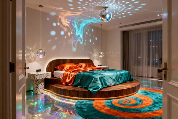 Through open doors, a circular walnut platform bed with an integrated curved headboard sits beneath a mirrored disco ball, casting dotted light over warm white walls and ceiling. Orange satin sheets, a teal marble-patterned coverlet, terrazzo pedestal nightstands, iridescent globe pendants, a glossy resin floor with rainbow reflections, and a teal-and-orange spiral shag rug define the room, with layered sheers and blackout drapes framing a large window.
