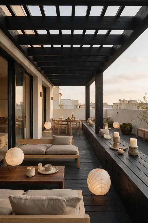 A minimalist rooftop patio with a dark wood pergola, pale stucco walls, and low natural wood seating with beige cushions. Soft glowing paper lanterns, stone accents, and a simple dining set create a calm Japandi atmosphere at sunset.