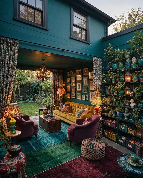 A covered backyard sitting area with teal-painted walls, black-trimmed windows, and an open view to a green garden. The space is filled with velvet armchairs, a mustard tufted sofa, patterned rugs, framed art, draped curtains, chandeliers, and shelves of potted plants and decorative objects.