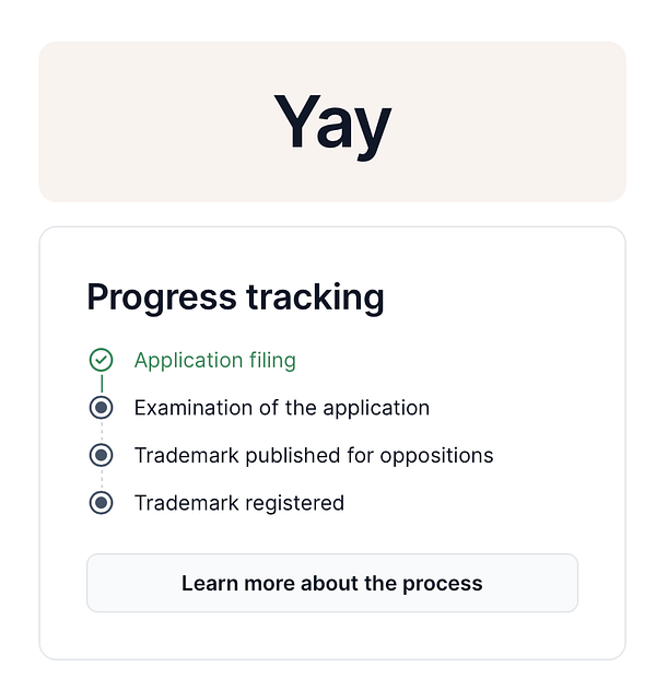 The image displays a progress tracking interface for filing a trademark application for the term 'Yay'.